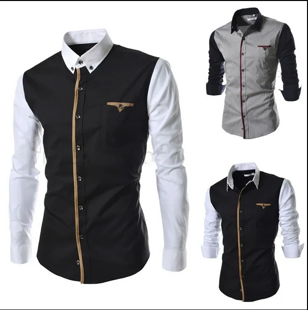 Vente en gros - Mens patchwork casual chemise à manches longues en coton robe slim mode hommes chemise taille M-XXXL