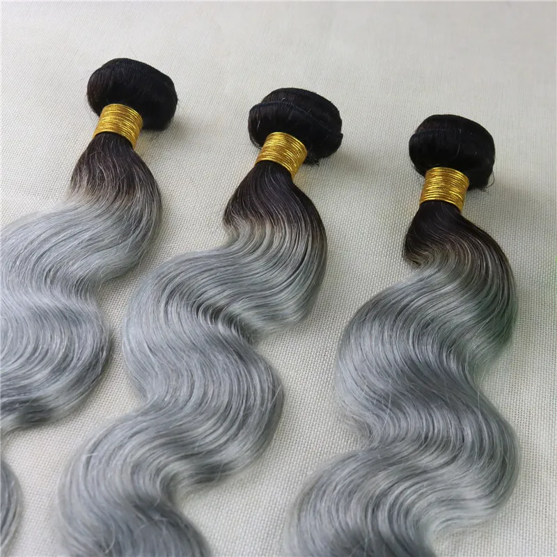 Ombre Silver Grey Body Wave Hair Weaves Brazilian Human Hair Extensions Remy Hair Bundles 100gram Piece