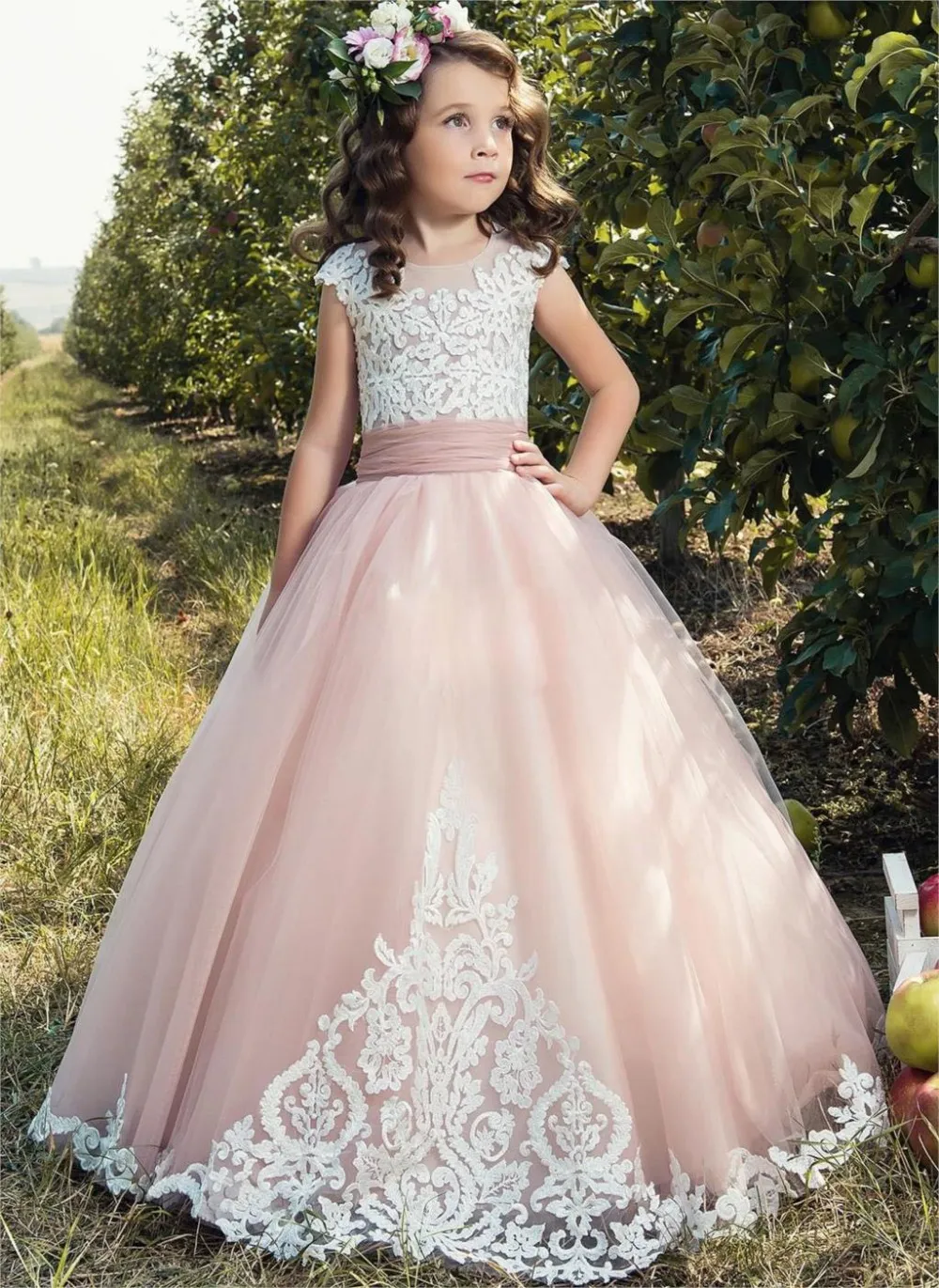 2019 Flower Girl Dresses para casamentos tule rosa Applique Cap Sleeve Crianças Baile arco Primeira Comunhão Vestido Pageant Vestidos