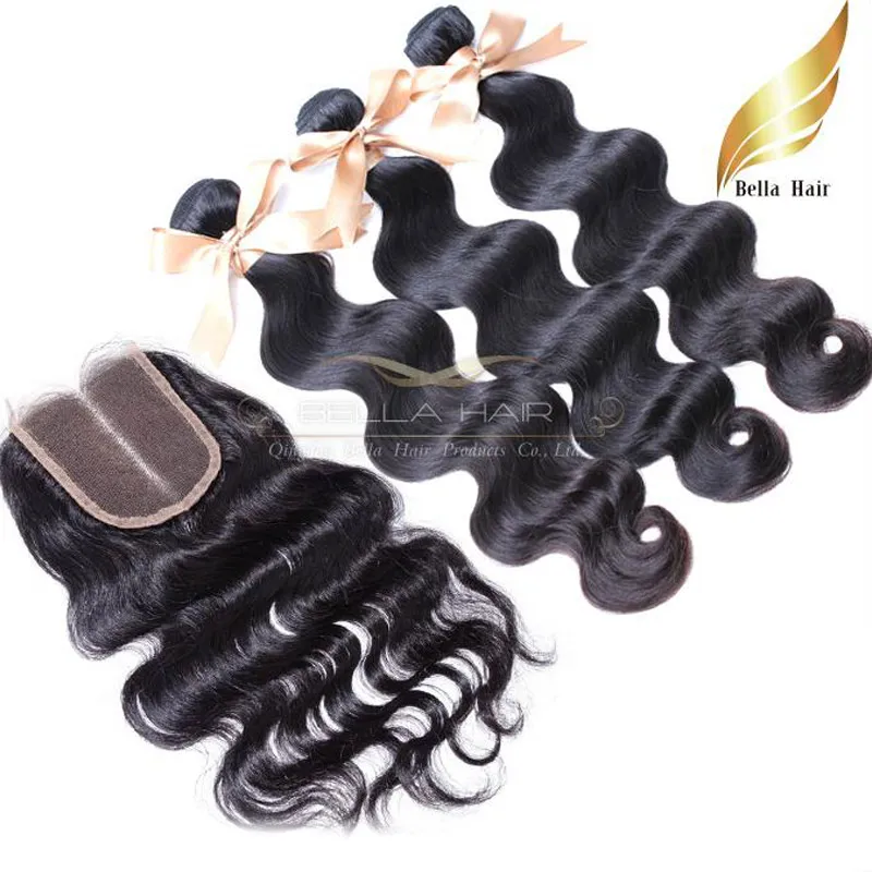 Body Wave Koronki Zamknięcie Dziewiczy Brazylijski Dziewiczy Human Hair Weaves z Środkowym Części Koronki Closurehair Wefts Natural Color 8-30 cal