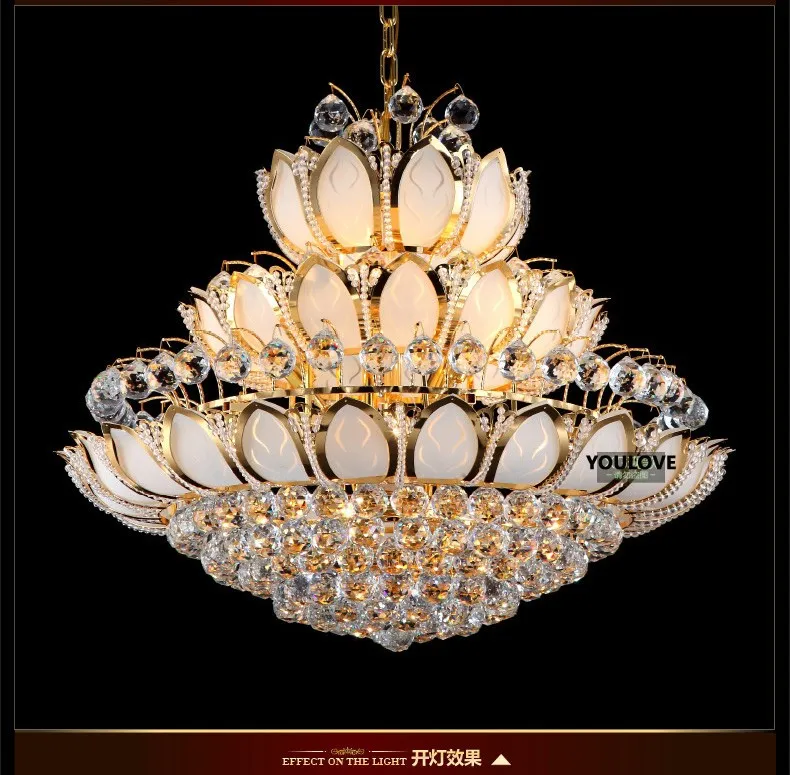 Modern Gold Crystal Chandeliers Lights Fixture European American Lotus Flower Chandelier Golden Crystal Droplight Home Indoor Hotel Lighting