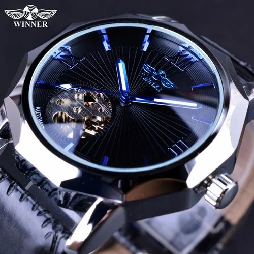 Vincitore lancette blu design scheletro trasparente piccolo quadrante alla moda display orologi da uomo orologi di moda automatici di lusso delle migliori marche224l