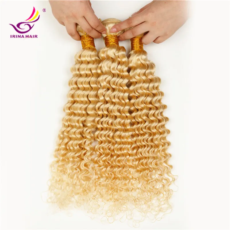 Großhandel 10-28 Zoll gebleicht blonde Farbe # 613 russische brasilianische peruanische indische malaysische Jungfrau-Haar tiefes lockiges Menschenhaar Extensions 