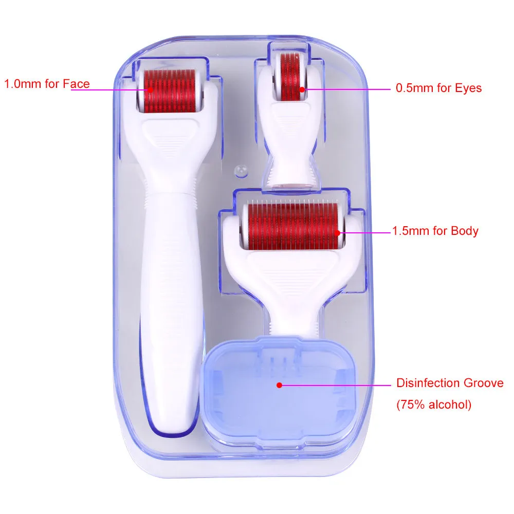 4 in 1 Facial Needle Microneedle Roller Derma Roller with 3 Separated Heads of Different Needles Count for Skin Care