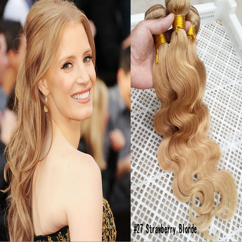 سعر المصنع #27 عسل الفراولة أشقر الجسم موجة عذراء REMY HUSH HEAR WEAVES Extensions حزم الشعر غير المجبر على النسيج