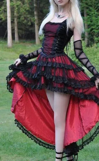 short gothic prom dress Gothic Prom Dress Girls High Low Red and Black Lace Tulle Satin Straps  Ankle-Length Party Gown from Dhgate Prom Dresses