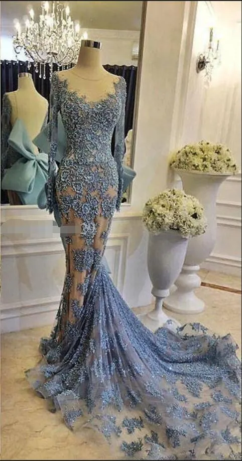 Mermaid Lace 2017 Arabic Prom Dresses Long Sleeves Beaded Backless ...