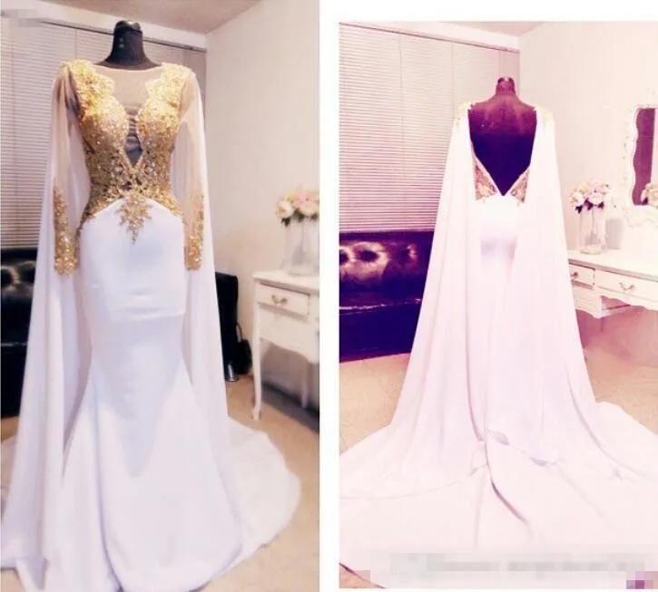 Eleganta arabiska Beaded Gold Appliques Prom Klänningar Långärmad 2019 med Cape Backless Formal Aftonklänningar Kftan Red Carpet Party Dress