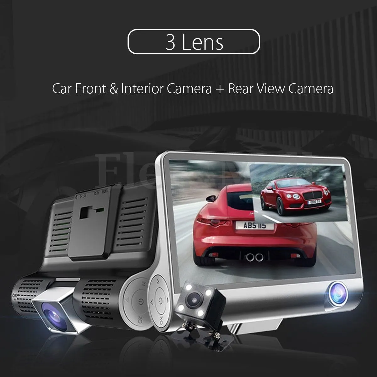 2019 4'' 1080P HD 170° 3 Lens Car DVR Dash Cam G-sensor Recorder + Rearview Camera 