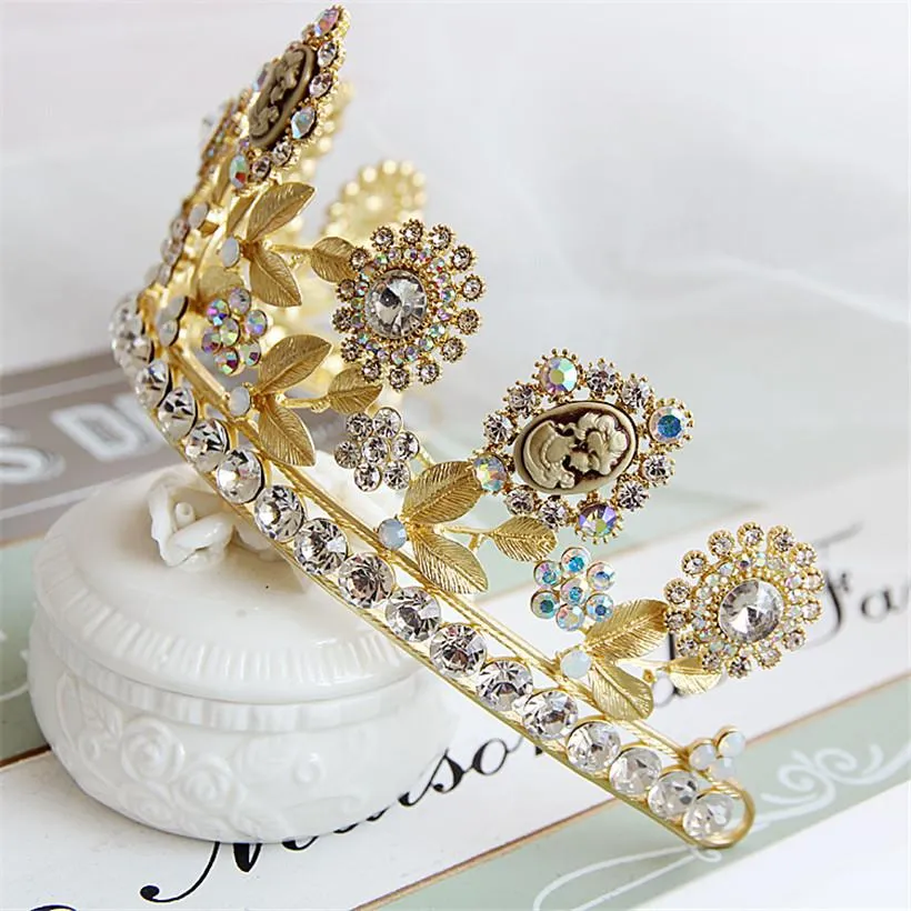 Euramerikansk barock vintage guld bröllop brud strass krona tiara pannband hårband huvud smycken huvudstycke hår tillbehör p9539160