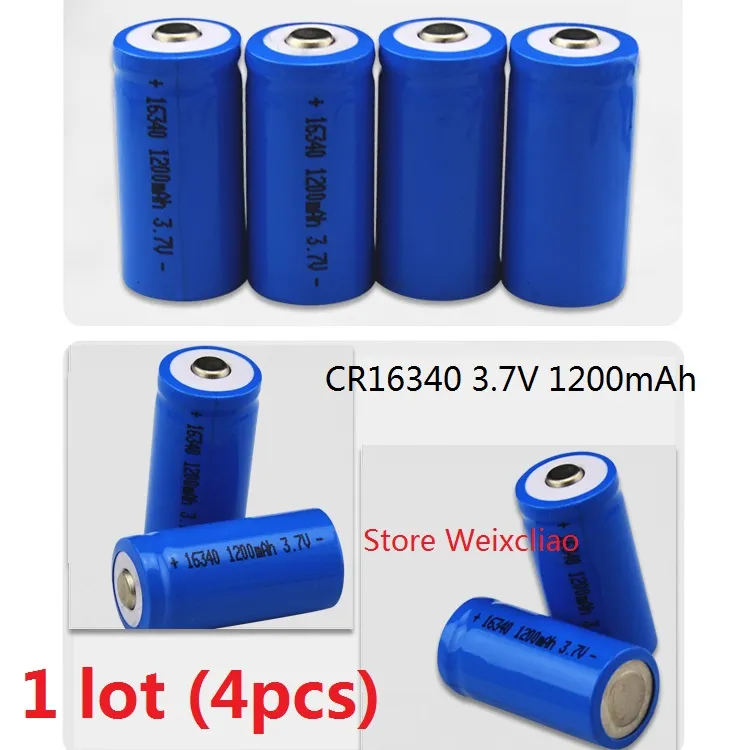 4 stks 1 partij 16340 CR123A 3.7V 1200mAh lithium Li ion oplaadbare batterij 3.7 Volt Li-ion batterijen Gratis verzending