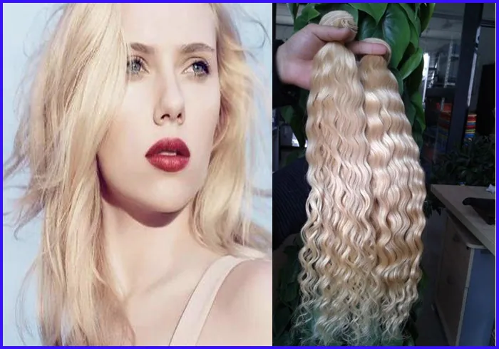 # 613 lixívia loira cabelo humano cabelo brasileiro 2 pçs / lote kinky encaracolado virgem brasileira onda pêlos tece, desenhado duplo, sem derramamento, ta