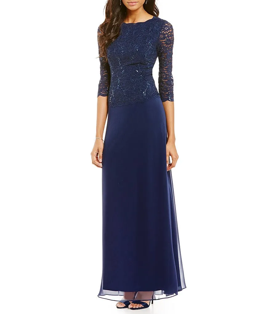 2022 Navy Blue Lace Sequin Lång Moder av brudklänningarna 3/4 Ärm Chiffon Kjol Plus Storlek Formell Kvällar Vit För Bröllop Anpassning