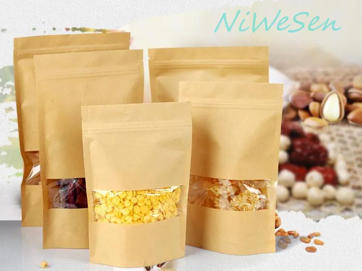 Free shipping 9x13+3CM, 100 X Brown stand up Kraft paper Zip Lock bags with Clear Window, craft paper corn flakes&coffee bean zipper pouch