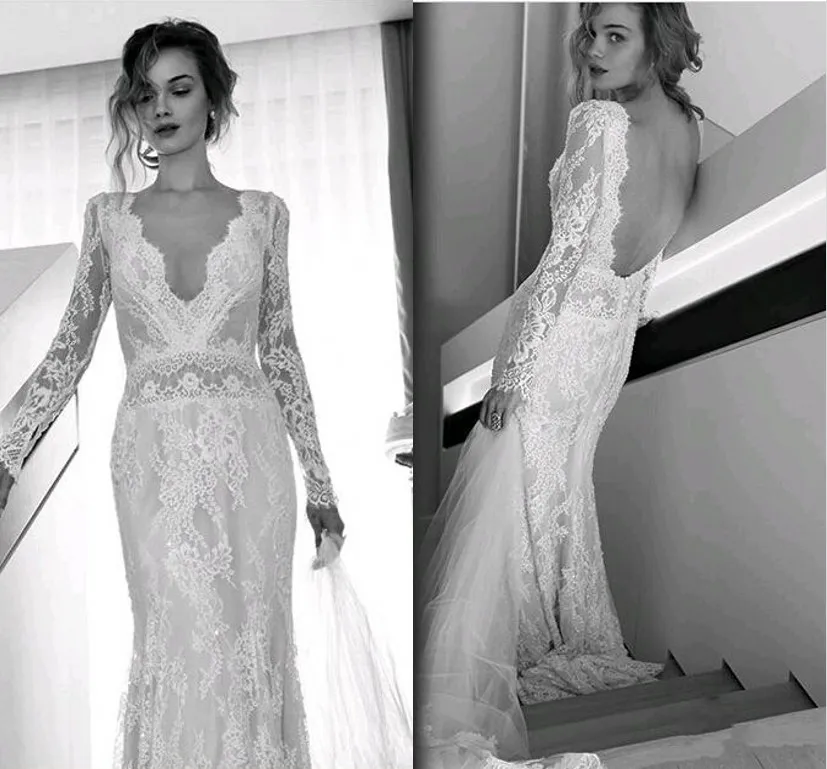Lihi Hod Bohemian Beach Wedding Dresses Full Lace Long Sleeves Sexy V ...