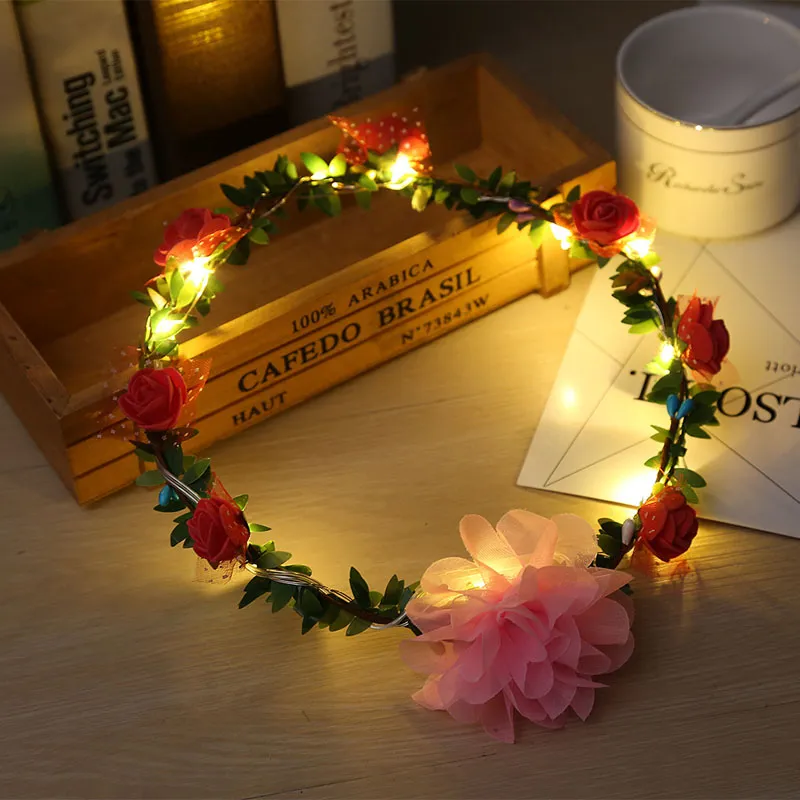 Mode Kvinnor Led Rosor Blommor Huvudband Glödande Blinkande Light-Up Flower Hair Garland Wreath Party Bröllop Tillbehör ZA3497