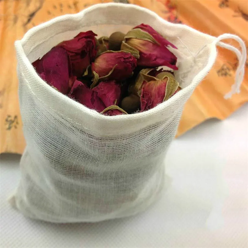 Bustine di tè vuote infusore diffusore di tè a foglie sfuse riutilizzo filtro per spezie in cotone 5 dimensioni filtro per caffè filtro per erbe per infusione a rete strumenti
