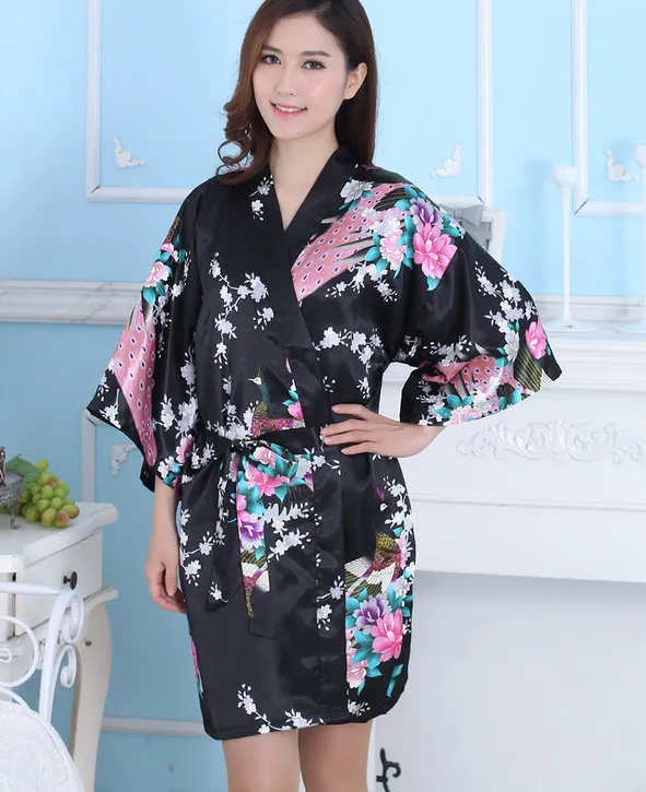 Hot koop zijde satijn bruiloft bruid bruidsmeisje gewaad korte kimono nacht gewaad bloemen badjas peignoir femme mode dressing jurk voor vrouwen