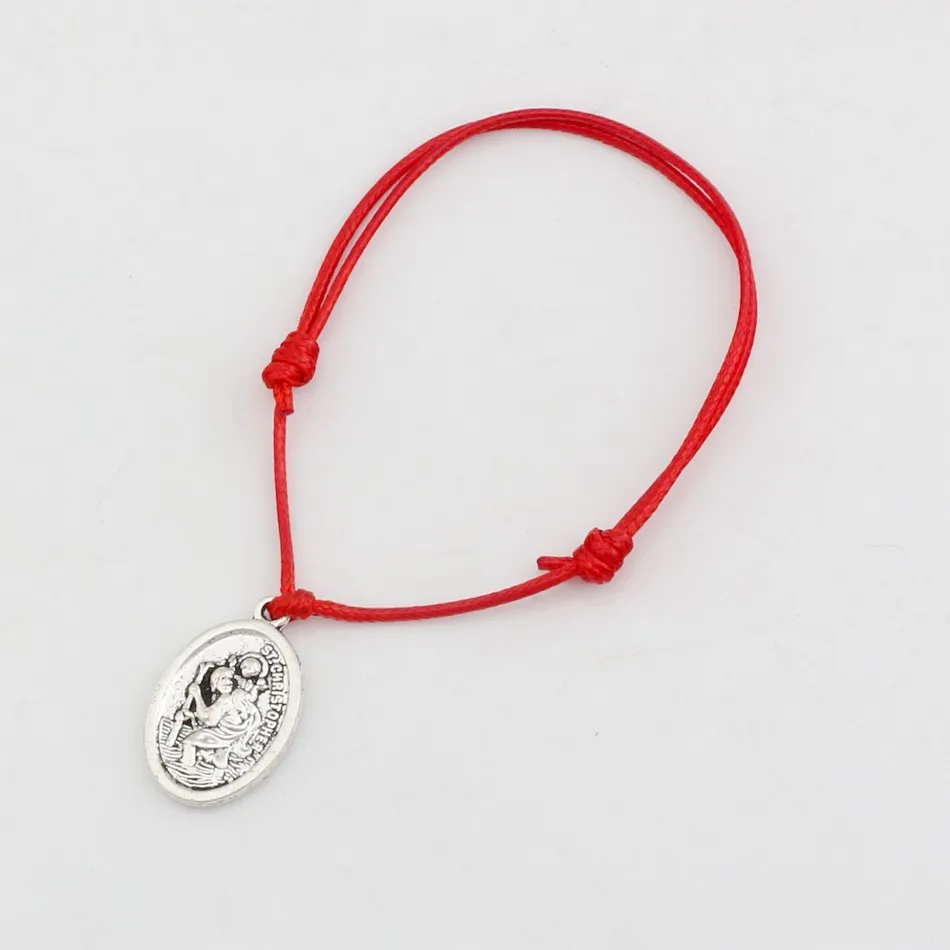 20 peças pulseiras ajustáveis corda de cera vermelha antiga liga de prata pingente de ST Christopher pulseira ajustável B-31233D