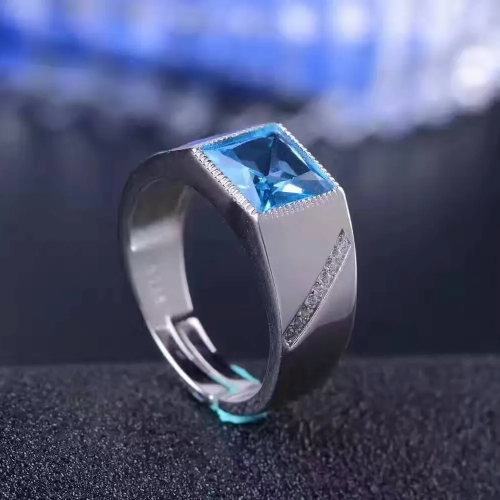 100% натуральный синий топаз мужские кольца классический серебряный драгоценный камень кольцо для человека 8 мм * 8 мм топаз твердое 925 серебряное нейтральное кольцо топаз