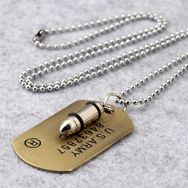 Hipster Hip Hop Jewelry Bullet & U.S.Army Card Pendant Necklace Beaded Chain For Men Women Dog Tag 