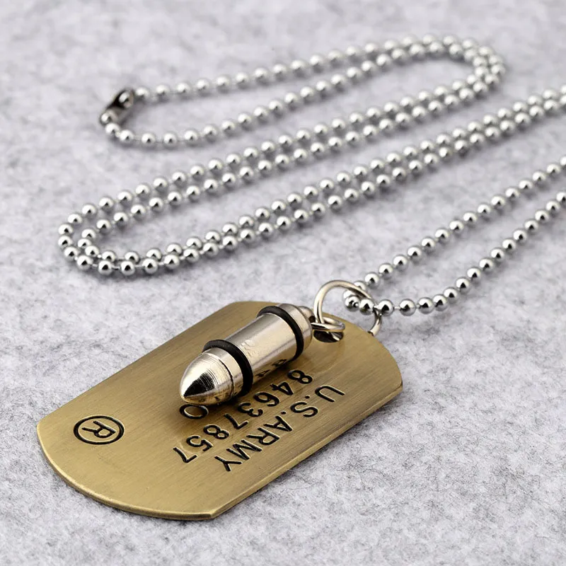 Hipster Hip Hop Smycken Bullet U.S.S.Army Card Pendant Halsband Beaded Chain för män Kvinnor Hund Tag 3 Färger