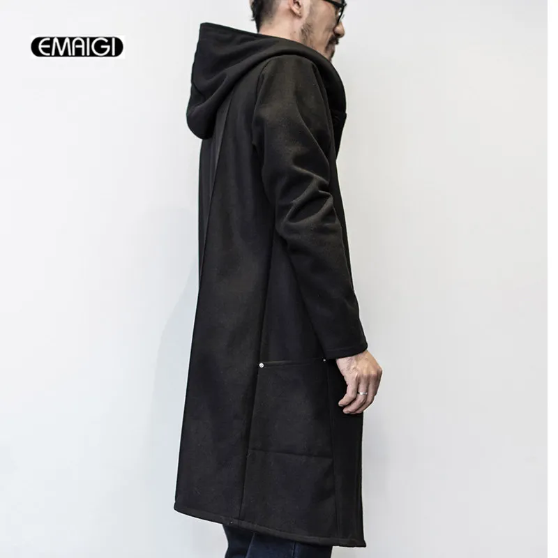 All'ingrosso- Uomo Primavera Autunno Trench con cappuccio allentato Moda maschile Casual Giacca a vento nera lunga con un bottone Giacca da uomo Trench Outwear