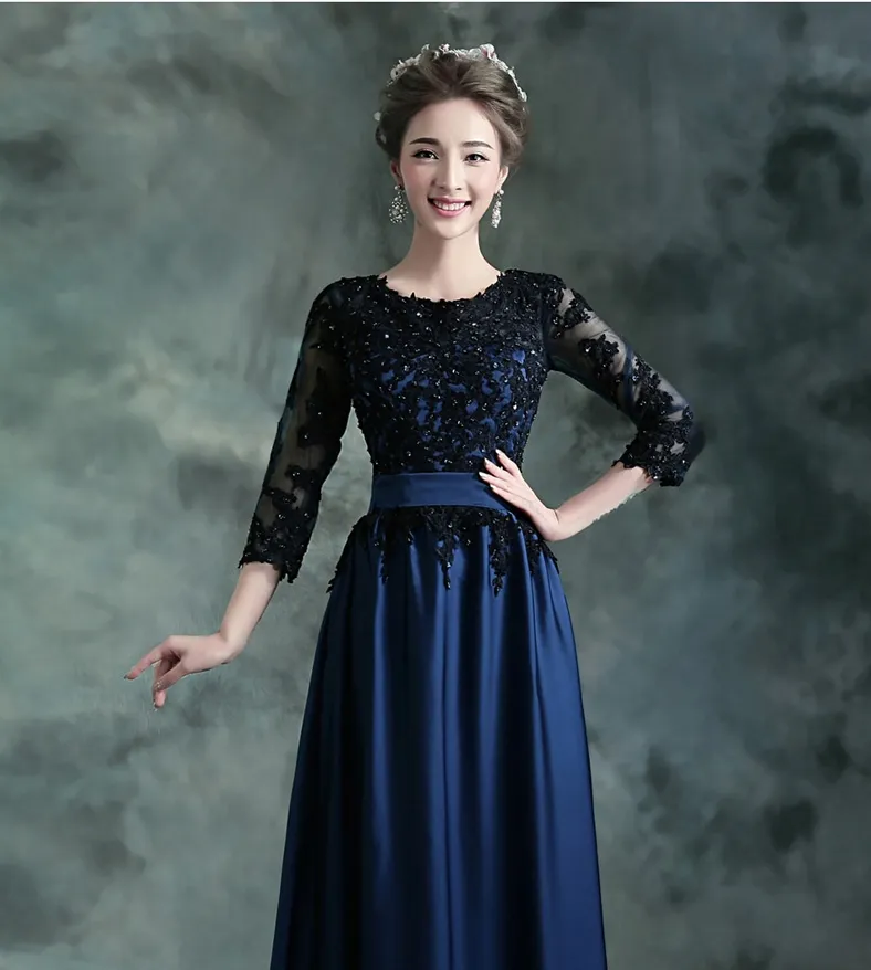 Donanma Mavi Uzun Mütevazı Gelinlik Modelleri 3/4 Kollu Boncuklu Dantel Saten Düğün Parti Elbiseler Kış Yeni Ucuz Gelinler Hizmetçi Elbise