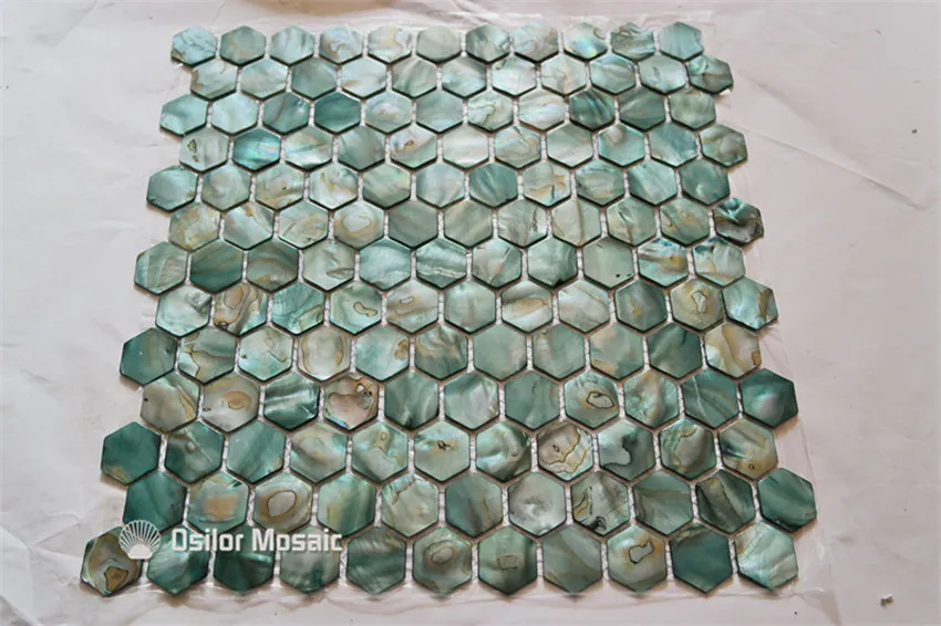 Tingido cor verde 100 natural chinês concha de água doce mãe de pérola mosaico para kithenwashroom decoração parede azulejo hexago7176992