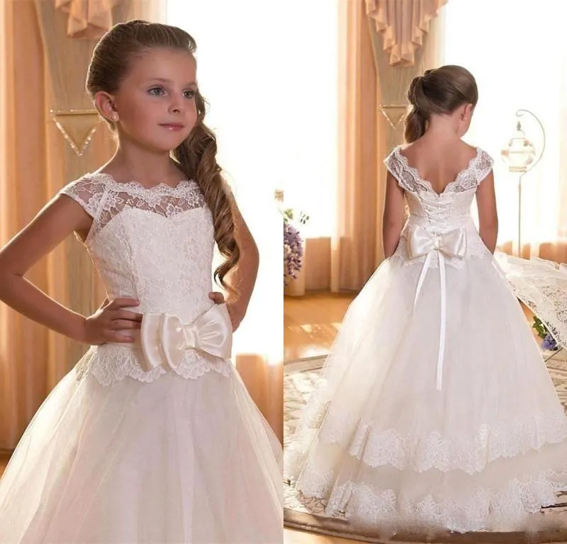 Flower Girl First Communion Dresses Scoop Backless With Appliques and BowTulle Ball Gown Pageant Dress For Little Girls