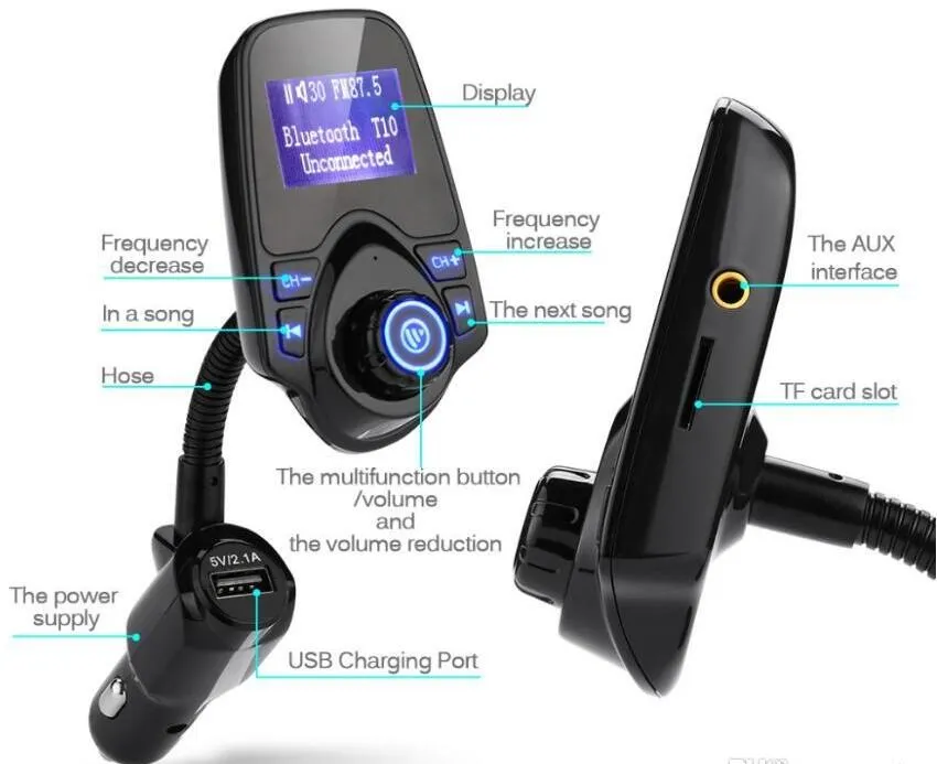 2017 t10 سيارة مشغل mp3 السمعية بلوتوث fm الارسال اللاسلكي المغير سيارة كيت يدوي شاشة lcd شاحن usb ل فون المحمول t11