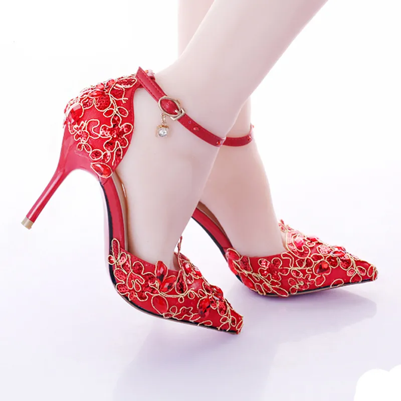 Tornozelo Correias de Salto Alto Bonito Vermelho Sapatos de Noiva Rendas Plataforma Sexy Vestido Formal Sapatos com Glitter Lantejoulas Partido Bombas de Baile Dedo Apontado