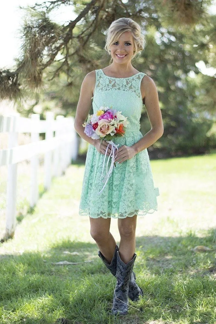 2019 Hortelã Verde Vestidos De Cocktail Country Style Vestido Formal De Renda Curta Para Júnior E Adulto Damas De Honra Da Colher Pescoço Vestidos de Festa