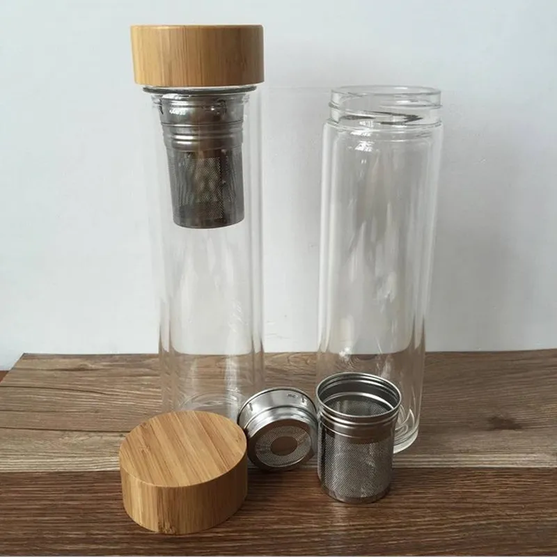 Tapa de bambú de 400 ml. Vaso de té de doble pared. Incluye colador y cesta infusora. Botellas de agua de envío rápido.