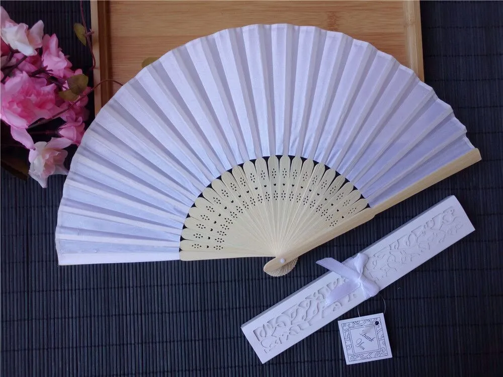 Elegant Silk folding Fan with Luxury Laser-Cut Gift Box + Thank you Card + Ribbon for wedding favor