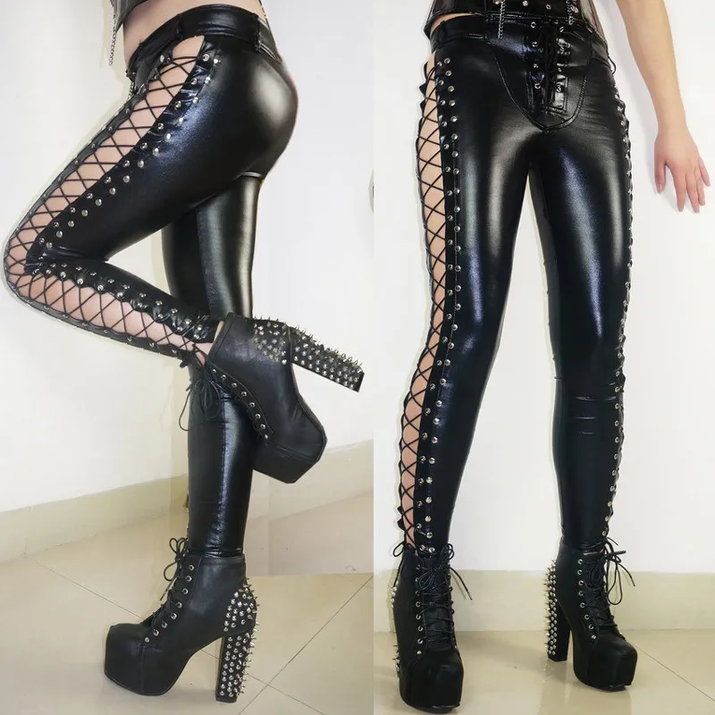 Leggings sexy da donna di alta qualità Punk Gotico Pantaloni a matita in similpelle Wetlook Coulisse con lacci laterali Slim Leggings Costume da discoteca
