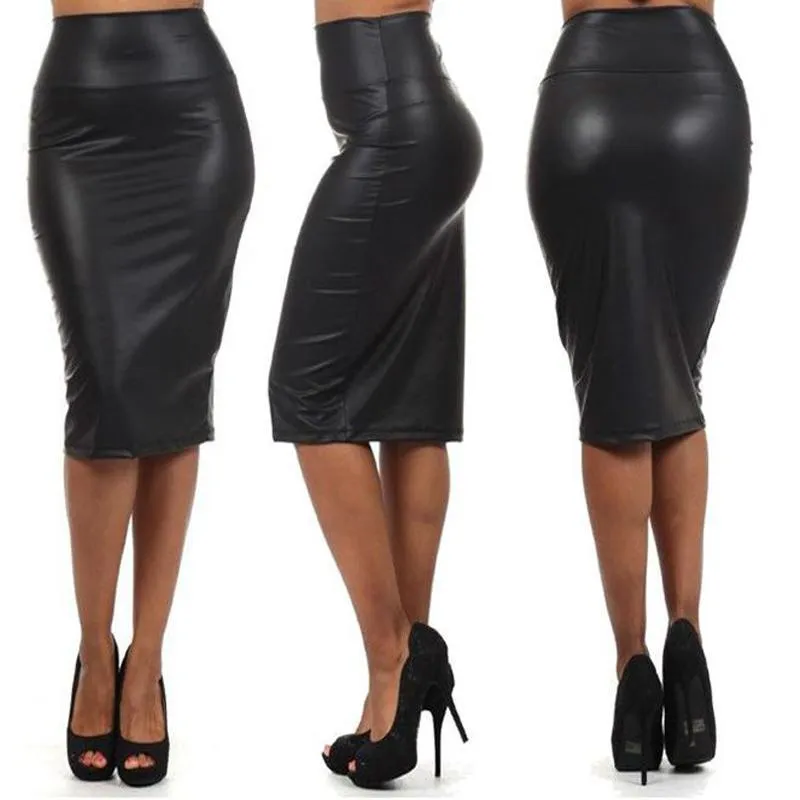 Black Red Fashion Pencil Skirt Women Skirts Punk High Waist Stylish Bodycon Knee Length Faux Leather Night Party Skirt