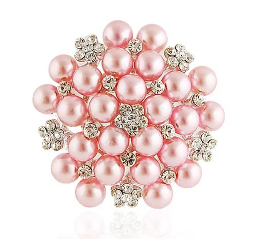 2 Inch Silver Tone Pink Pearl and Rhinestone Crystal Brooch