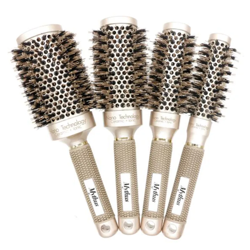 Ny design Guldsvin Bristle Nano Keramik Hår Ionisk Round Brush Frisör Styling Verktyg Curling Hairbrush Blåser i 4 storlekar