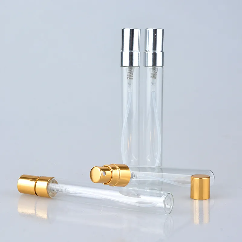 Bottiglie di parfum 5ml 10ml Bottiglia di spruzzo di vetro trasparente 10ml vuoto trasparente Atomizzatore di profumo ricaricabile con fiale del campione portatile in argento oro B706