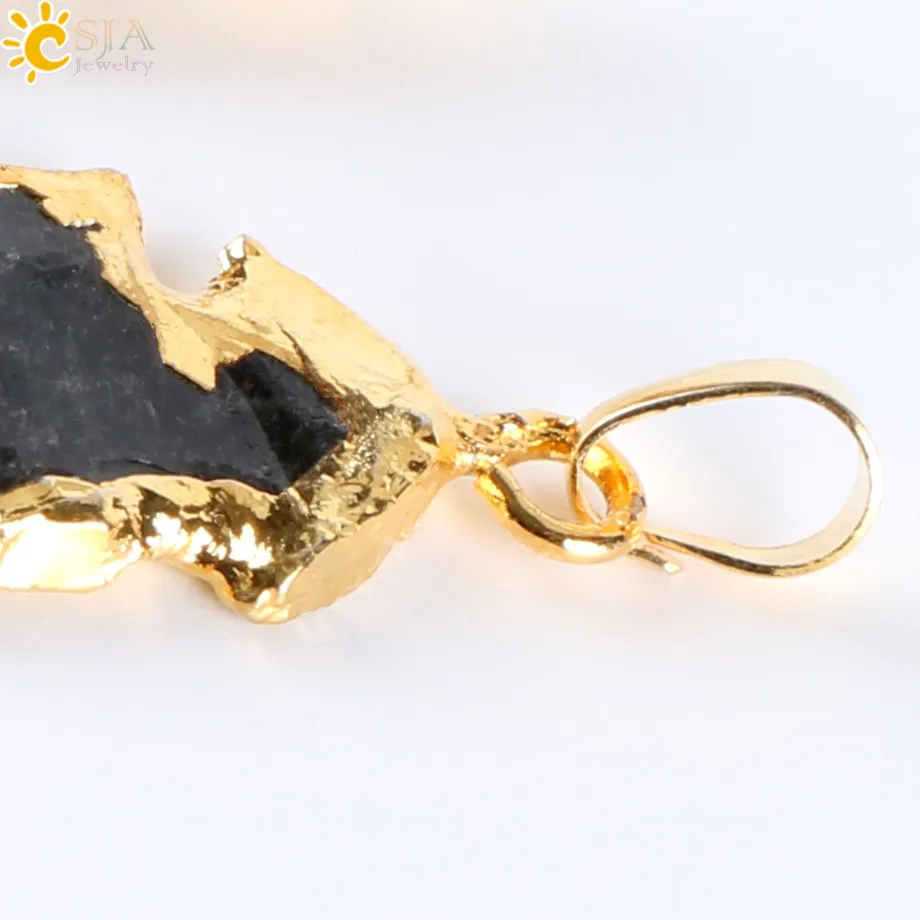 CSJA Natural Black Indian Onyx Agate Arrowhead Charms Pendants Halsband Elektropläterad guldpläterad rå sten Energi handgjorda juvelr294e