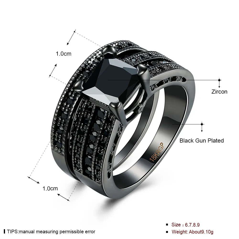 Mode 18 carats plaqué or noir noir carré diamant princesse coupe mariage fiançailles bandes de mariée ensembles de bagues pour femmes dames 4059670