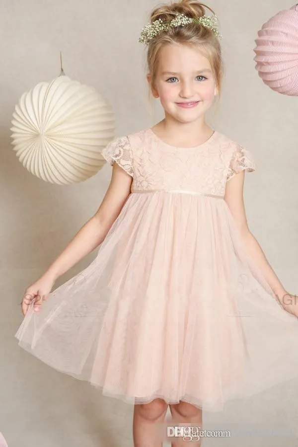 Beautiful Short Ball Gowns Tulle Pink Lace Flower Girl Dresses For Weddings Kids Girls Sleeves Dress Tea Length Garden Communion Gowns