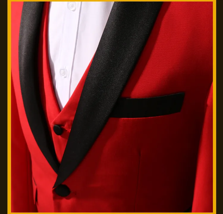 （ジャケット+ベスト+パンツ）男性のウェディングスーツの赤いファッションスリム3個セットBlazer Studioシューティング新郎衣装紳士ショーPROMフォーマル服