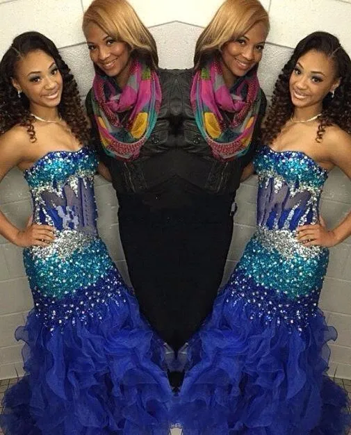 Sunjai Williams Longue Sirène Robes De Bal 2019 Bretelles Mousseux Perles Strass Bleu Royal Volants Organza Robes De Soirée Formelles