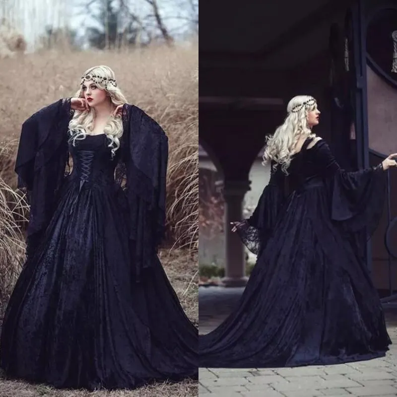 Retro 2018 Preto Gótico Vestidos de Casamento Fora Do Ombro A Linha Sino Longo Mangas Cheias de Renda Medieval Espartilho Vestidos de Noiva