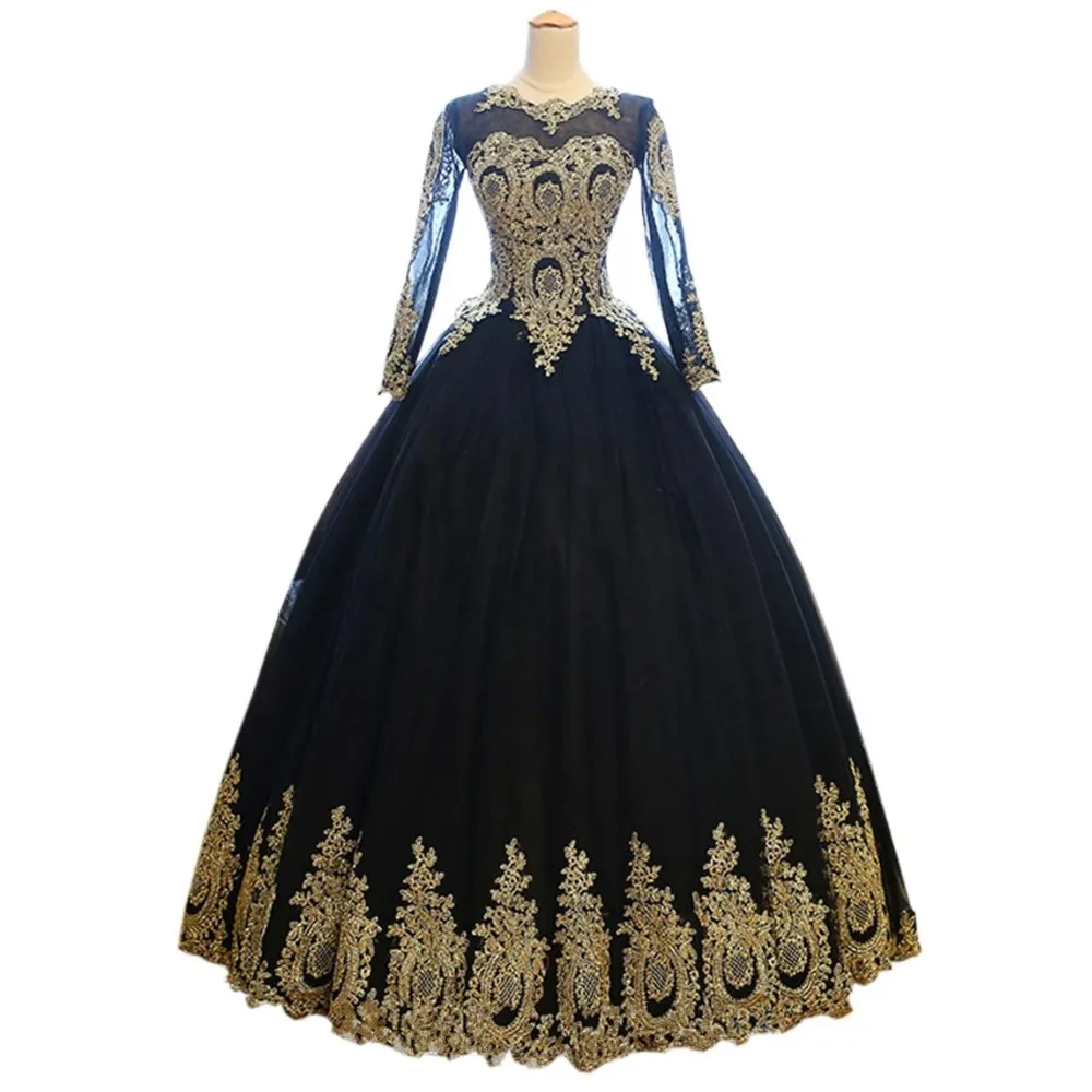 Sexy Black With Gold Applique Wedding Dress Ball Gowns Cheap With Illusion Long Sleeves Corset Back Sweep Train Tulle Wedding Bridal Gowns