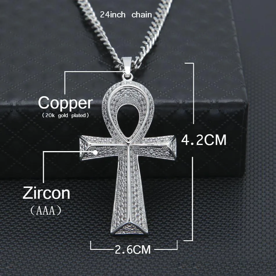 Iced Out Zircon Ankh Key Pendant Golden Jewelry CZ Cross Egyptian Key of Life Pendant Hip hop Necklace For Men Women