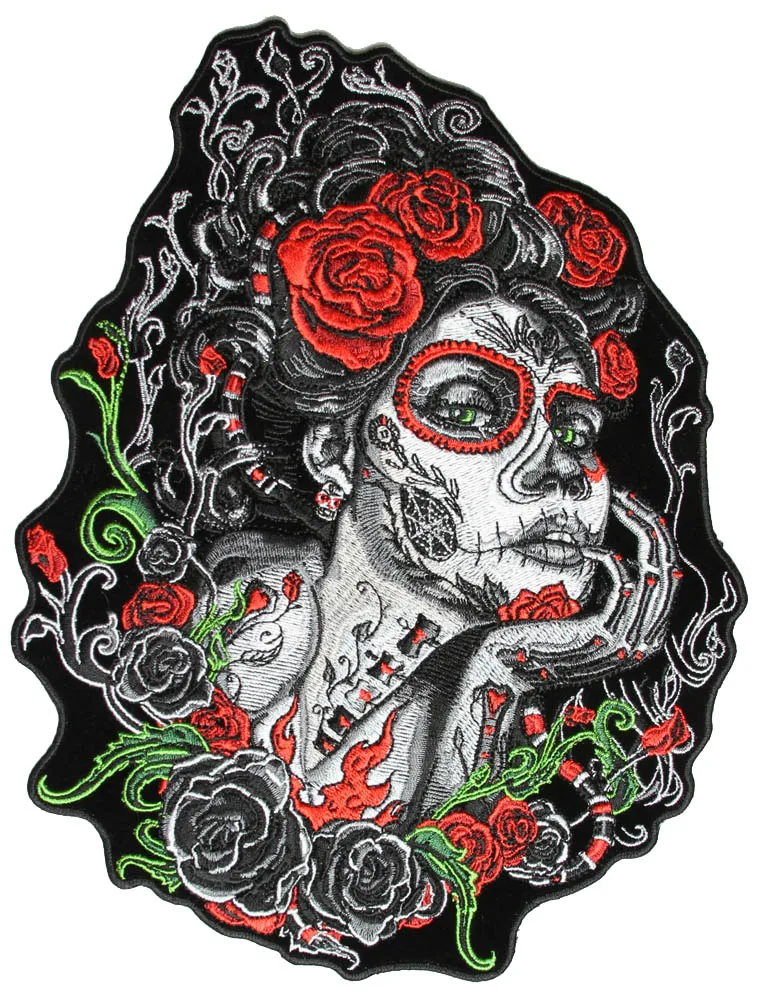Motorcycle Embroidered Patches 8x10 Inch Red Roses Iron On Patch For ...