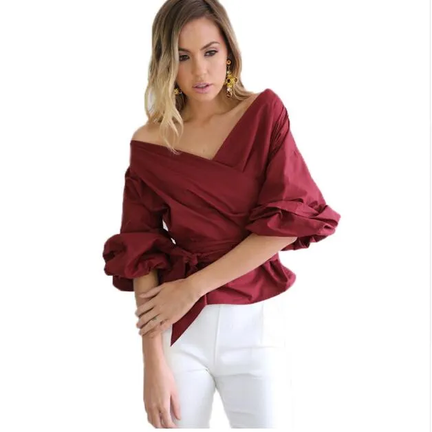 Women039s poza ramię długie rękaw T -koszulka V Krzyż V Kręgowy Top -Flare Rleeves Elastyczne dekolt Bowknot Pasek Tshirt YG1907958